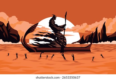 mitologia grega Caronte num barco que transporta almas no submundo
