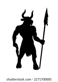 Greek Mythology Creature Minotaur Vector Silhouette Illustration Isolated On White Background. Half God With Body Of A Man And The Head Of A Bull Symbol. Horned Angry Beast With Spear And Ax Shape.