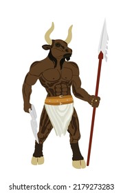 Greek Mythology Creature Minotaur Vector Illustration Isolated On White Background. Half God With Body Of A Man And The Head Of A Bull Symbol. Horned Angry Beast With Spear And Ax Shape.