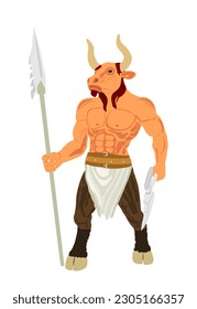 Greek mythology creature Minotaur vector illustration isolated on white background. Half god with body of a man and the head of a bull symbol. Horned angry beast with spear and ax shape.