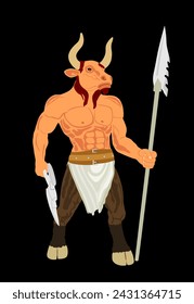 Ilustración vectorial de la criatura de mitología griega Minotauro aislado sobre fondo negro. Mitad dios con cuerpo de hombre y cabeza de toro. Bestia enojada con forma de lanza y hacha.