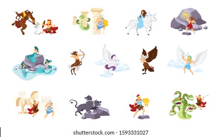 Greek mythology flat vector illustrations set. Minotaur and Theseus. Medusa and Perseus. Abduction of Europa. Cerberus. Trojan war. Beast and fighters. Heroes and creatures isolated cartoon characters svg