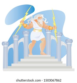 Greek Mythology God Zeus Thunderer. Elderly Bearded Athlete Deity Stand on Top of White Marble Stairs with Pillars on Olympus Mountain Throw Lightning Flashes in Sky. Cartoon Flat Vector Illustration