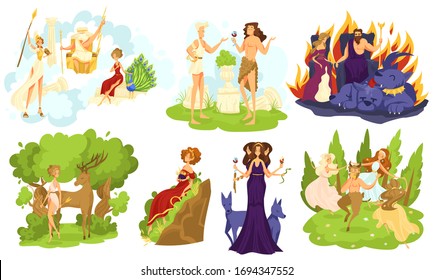 Greek mythology gods and goddesses, set of cartoon characters, vector illustration. Myths and legends of ancient Greece, Zeus, Hades, Hecate and Aphrodite. People in costumes of fantasy religion deity