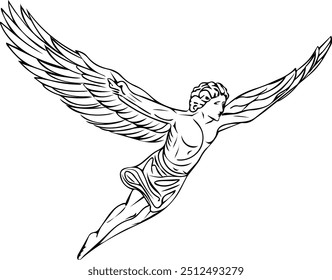 Greek mythology Icarus. Line art in black and white. Conceptual illustration for tattoo art. 