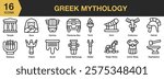 Greek Mythology icon set. Includes greek, mythology, ancient, history, god, antique, and More. Outline icons vector collection.