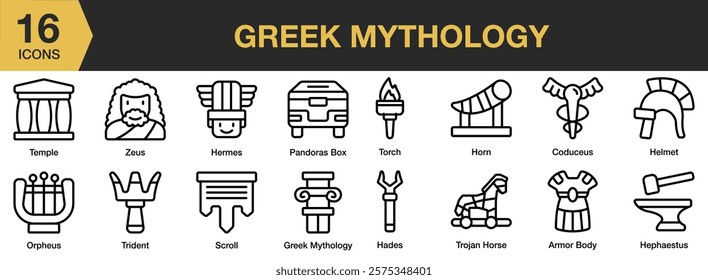 Greek Mythology icon set. Includes greek, mythology, ancient, history, god, antique, and More. Outline icons vector collection.