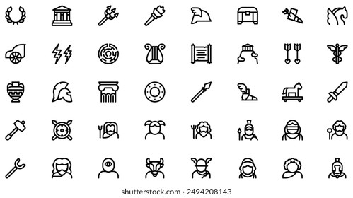 Greek Mythology Icons collection is a vector illustration with editable stroke, offering versatility and customization. Perfect for various design needs, it includes high-quality graphics.