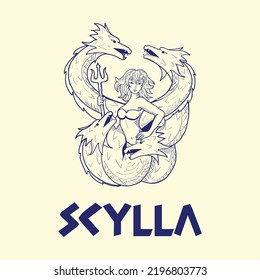 logo de mitología griega monstruo mujer scylla con estilo de línea de inspiración de diseño vectorial