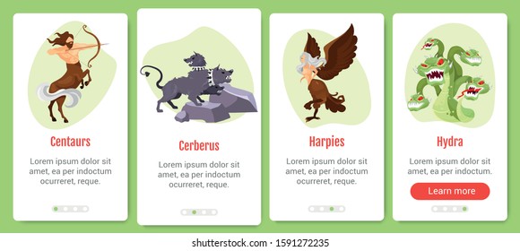 Greek mythology onboarding mobile app screen vector template. Fantastical creatures and beasts. Walkthrough website steps with flat characters. UX, UI, GUI smartphone cartoon interface concept