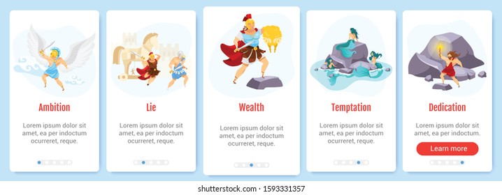 Greek mythology onboarding mobile app screen vector template. Mythological heroes and fighters. Walkthrough website steps with flat characters. UX, UI, GUI smartphone cartoon interface concept