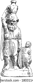 In Greek mythology, Silenus was a companion and tutor to the wine god Dionysus; older than the satyrs of the Dionysian retinue. Shown here is, Silenus taking Dionysus to school, vintage line drawing