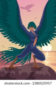 Greek mythology siren with teal wings stands on a rock by the sea, outstretching her arms. 

