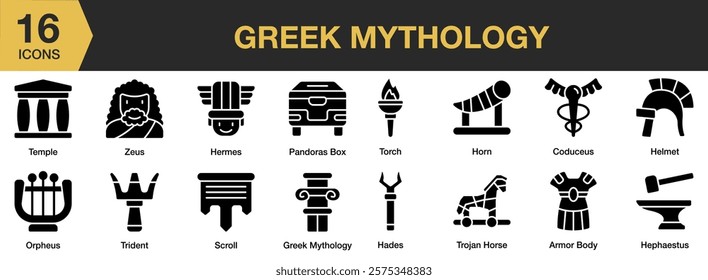 Greek Mythology solid icon set. Includes greek, mythology, ancient, history, god, antique, and More. Solid icons vector collection.