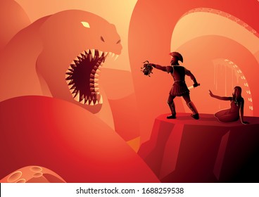 Greek mythology vector illustration of Perseus saves Andromeda from the sea monster Cetus using the Head of Medusa