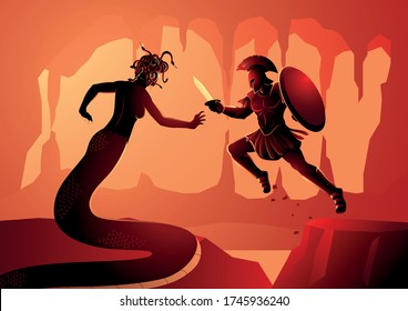 Greek mythology vector illustration of Perseus fighting Gorgon Medusa. Perseus is the legendary founder of Mycenae and of the Perseid dynasty