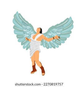 Greek mythology winged man Icarus vector illustration isolated on white background. Flying boy with spread wings fall down against strong sun rays. Brave athlete muscular male from fairy tale.