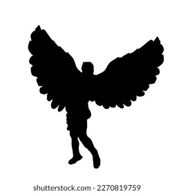 Greek mythology winged man Icarus vector silhouette illustration isolated on white background. Flying boy spread wings fall down against strong sun rays. Brave athlete muscular male from fairy tale.