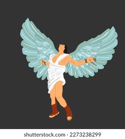 Greek mythology winged man Icarus vector illustration isolated on background. Flying boy with spread wings fall down against strong sun rays. Brave athlete muscular male from fairy tale.