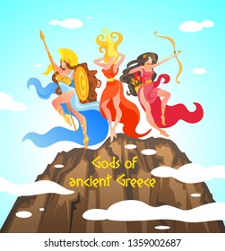 Greek Mythology is Written Gods of Ancient Greece. Vector Illustration Against Sky and Clouds. Warlike Women are Standing on Top Mountain. Women in Dresses Hold Bows and Arrows, Spears and Shields.
