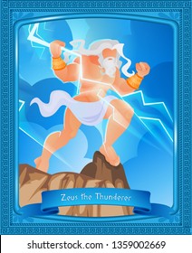 Greek Mythology is Written Zeus the Thunderer. Vector Illustration on Sky Background. An Elderly Male Athlete Stands on Top Mountain and Angry. Lightning Flashes in Sky. Cartoon Flat.