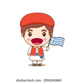 Greek In National Dress With A Flag. A Boy In Traditional Costume. Chibi Cartoon Character
