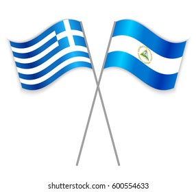 Greek and Nicaraguan crossed flags. Greece combined with Nicaragua isolated on white. Language learning, international business or travel concept.