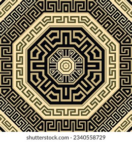 Greek octagon frames mandalas seamless pattern. Colorful greek vector background. Beautiful ethnic style Deco ornaments. Repeat backdrop. Ornamental design with greek key, meanders. Endless texture.