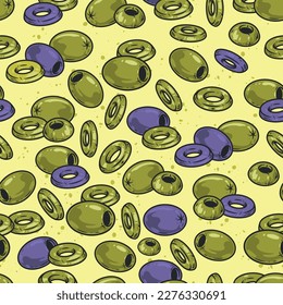 Greek olives seamless pattern colorful with whole and chopped pitted salad olives for packaging or advertising decorations vector illustration
