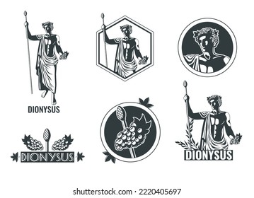 Greek olympian god dionysus flat black and white emblems design set isolated vector illustration