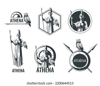 Greek olympian goddess athena emblems of different shape flat set isolated vector illustration