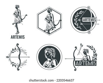 Greek olympian goddess emblems set with artemis and her bow isolated flat vector illustration