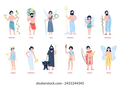 Greek olympian gods and goddess. Mythology of Greece cartoon characters. Cute Eros and Psyche, Aphrodite and Hermes. Myths heroes recent vector set