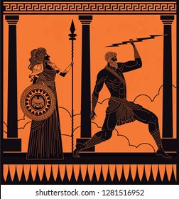 Greek Orange And Black Amphora Drawing Of Athena And Zeus