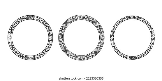 Greek ornament circle frame set. Meander round patterns collection. Ancient Greek fret borders. Geometric meandros motif. Vector