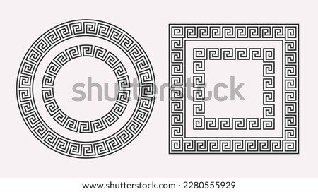 Greek ornament frames set. Circle and square meander patterns collection. Ancient Greek fret borders. Geometric meandros motif. Vector decorations and illustration