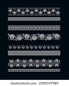 Greek ornament patterns with floral, geometric, and spiral designs on a black background. Concept of traditional decoration. Vector illustration