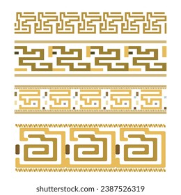 Greek ornamental borders brush strokes set. Patterned borders collection. Modern vector background.  Golden border ornaments with ancient greece symbols, signs, zipper. Colorful Greek key, meanders.