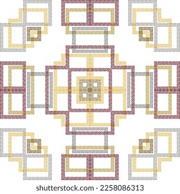 Greek ornamental geometric seamless pattern. Modern patterned vector background. Repeat geometrical backdrop. Squares ornaments with square frames, geometry shapes, symbols, signs. Greek key, meanders