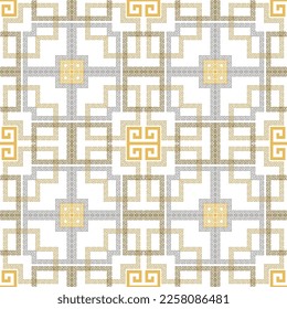 Greek ornamental geometric seamless pattern. Modern patterned vector background. Repeat geometrical ornate backdrop. Squares ornaments with square frames, shapes, symbols, signs. Greek key, meanders.