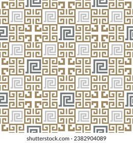 Greek ornamental geometric seamless pattern. Modern patterned vector background. Repeat geometrical ornate backdrop. Squares ornaments with square frames, shapes, symbols, signs. Greek key, meanders.