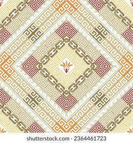 Greek ornamental symmetrical chains seamless pattern. Tribal ethnic style floral vector background. Repeat colorful backdrop. Beautiful geometric ornaments with greek key, meanders, chains, flowers.