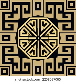 Greek ornate octagon golden mandala with square frame. Seamless ornamental beautiful pattern. Vector elegant ethnic ancient style background. Repeat backdrop. Endless texture. Greek key, meanders.