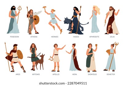 Greek pantheon. Gods and goddesses. Ancient mythology. Cartoon devine characters. Hephaestus and Demeter. Antique paganism religion. Zeus and Apollo. Garish vector Greece