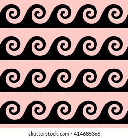Greek pattern, background or ornament. Rose quartz and black color. Ancient style, waves. Vector illustration