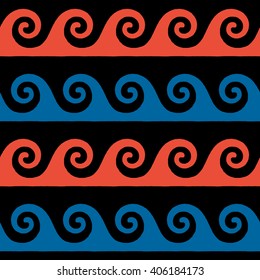 Greek pattern, background or ornament. Snorkel blue and red color. Ancient style, waves. Vector illustration.