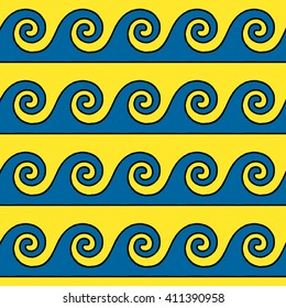 Greek pattern, background or ornament. Yellow and blue color. Ancient style, waves