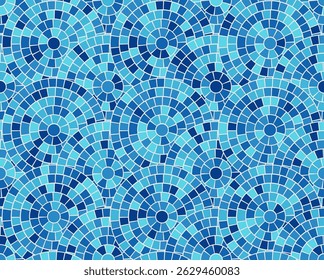 Telha de mosaico padrão grego com textura do mar e fundo azul. Roma vetor de fronteira romana com projeto de pedra do banheiro do oceano. Onda abstrata sem emenda do antigo Mediterrâneo em ornamento de círculo redondo.