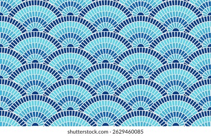 Greek pattern mosaic tile with seamless sea texture and blue background. Rome roman border vector with ocean bathroom stone design. Ancient Mediterranean abstract wave in round circle Italian ornament