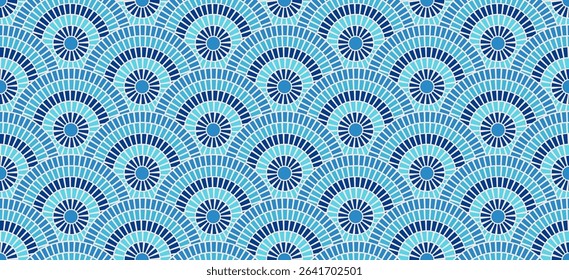 Greek pattern mosaic tile seamless sea texture blue background Rome vector design. Ancient Mediterranean marble floor ornament architecture illustration. Circular wave border decor interior art.